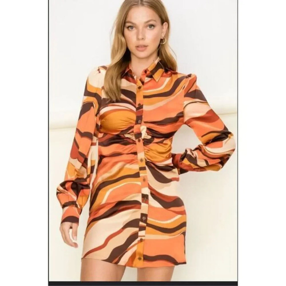 HYfVE Button Down Dress Come Again Printed Dress-Brown NWT Small - Picture 1 of 4